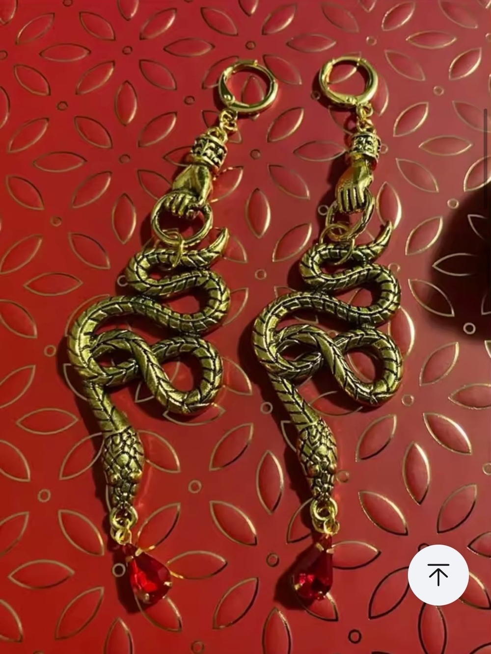 Gold Snake Drop Earrings with Red Crystal Accent